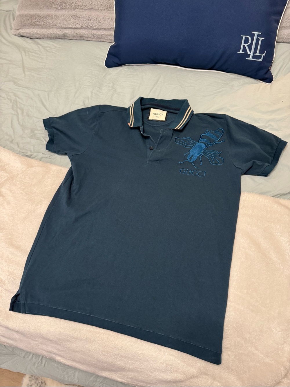 Gucci Men’s Dark Blue Polo with Embroidered Beetle Motif